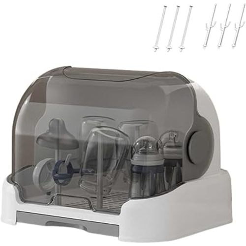 JOYO 2025 Large Baby Bottle Organizer with Cover & Removable Drain Tray, Dustproof Portable Baby Bottle, Drying Rack Reusable Bottles Rack Holder Storage for Baby Bottles (Grey, Large)