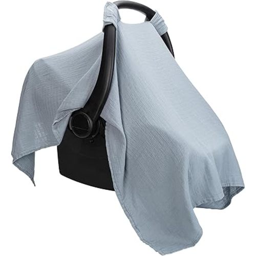 Comfy Cubs Baby Car Seat Cover - Soft, Breathable Bamboo Rayon and Muslin Cotton Blend - Lightweight Canopy for Sun, Bug, and Comfort Protection - Large Size Infant Seat Cover in Pacific Blue Design