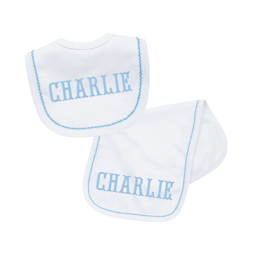Bib & Burp Set (White w/ Blue Picot Trim)