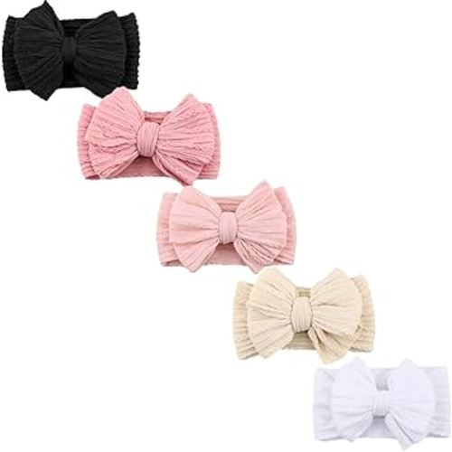 DRESHOW BQUBO Handmade Baby Headbands Soft & Stretchy Hair Bands with Bows Nylon Bows Hairbands for Girls Newborn Infant Toddlers Hair Accessories 5 Pack