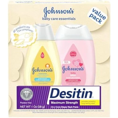 Johnson's Baby Care Essentials Gift Set, Body Lotion, & Zinc Oxide Diaper Rash Paste for Baby's Delicate Skin, Value Pack, Travel-Size, Bath Essentials Must Haves, Baby Gifts, 3 Items