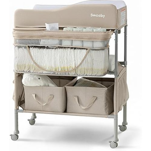 Portable Baby Changing Table, Foldable Diaper Changing Station with Waterproof Pad, Mobile Nursery Organizer for Infant & Newborn Essentials, Oat
