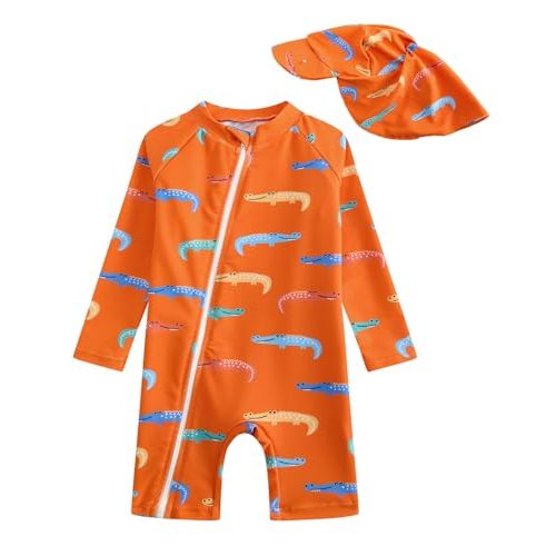 DivingBirds Baby Boy Rash Guard Swimsuit Set with Sun Hat - Long Sleeve Zip One Piece Toddler Bathing Suit for Beach & Pool