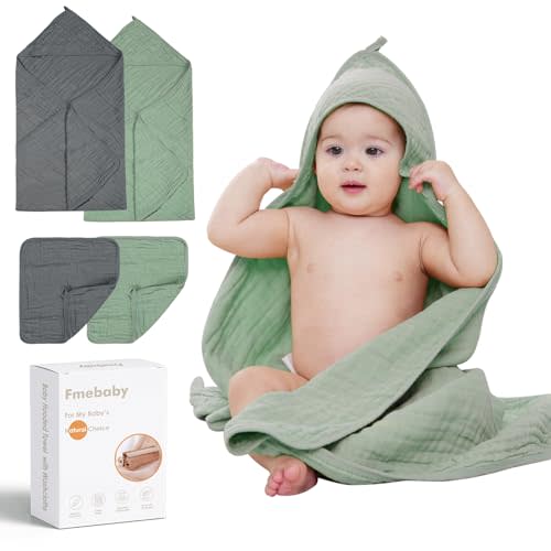 Fmebaby Hooded Baby Towels for Newborn, 2 Pack 36x36 Inch Muslin Cotton Baby Bath Towel and 12x12 Inch Washcloth Set with Hood for Babies, Toddler and Kids, Essentials Must Haves (Grey and Green)