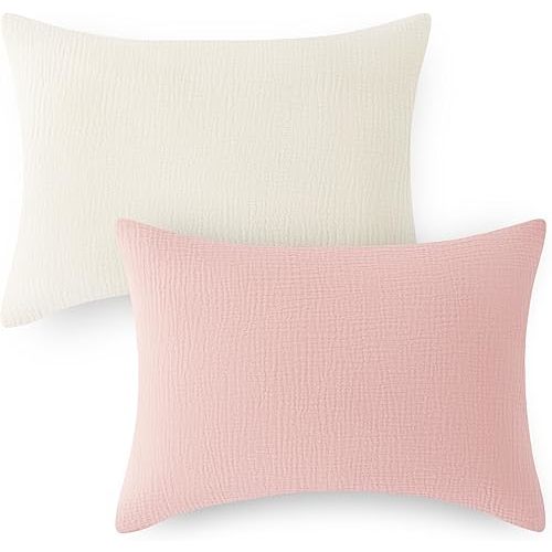 EXQ Home Muslin Toddler Pillowcases for 13x18 Pillow, Small Pillow Case Fits Baby Pillow Sized 12x16, 13x18, 100% Cotton Travel Pillow Case Cover 2 Pack for Baby with Envelope Closure (Beige,Pink)