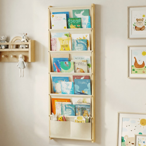 Wood 6-Tier Wall Mounted Kids Bookshelf – Floating Book Shelf For Kids Rooms,Nursery & Classroom, Hanging Bookcase Organizer For Books, Toddler Book Shelf, Montessori Bookshelf, Nursery Shelves