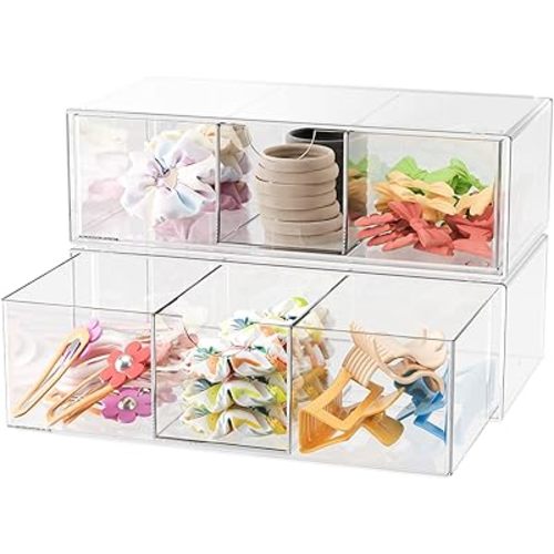Hair Accessories Organizer for Girls, Clear Acrylic Hair Bow Tie Clip Scrunchie Holder with Removable Divider, Cute Small Stackable Storage Drawer Container Caddy Box for Vanity Countertop, 2Pcs