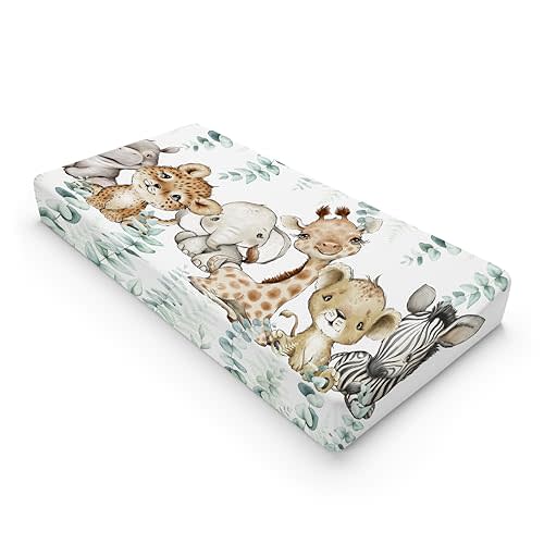 HawSkgFub African Safari Jungle Animals Eucalyptus Leaf Changing Pad Cover Baby Girl Boy, Giraffe Elephant Leopard Lion Zebra Diaper Change Table Sheet Soft Stretchy Safe Snug Fitted Fit 32"/34" x 16"