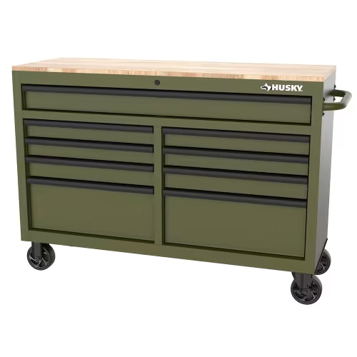 Husky Standard-Duty 52 inch W 9-Drawer Mobile Workbench with Solid Wood Top in Army Green | The Home Depot Canada