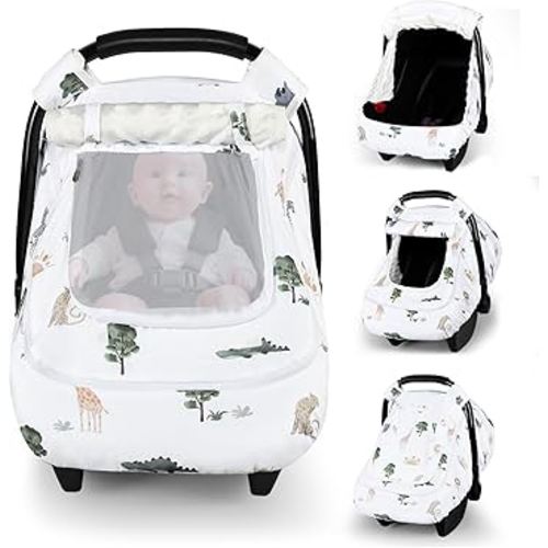 Winter Car Seat Cover Baby with Sunshade & Dual Zipper Windows - Minky Bubble Lined Windproof Soft Shell, Warm Newborn Car Seat Canopy Covers, Elastic Bottom for Stroller & Infant Car Seat, Animal