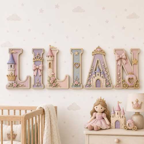 Personalized Princess Nursery Name Sign, Custom Wooden Baby Girl Name Plaque, Fairytale Castle Wall Decor, Royal Nursery Decor Gift