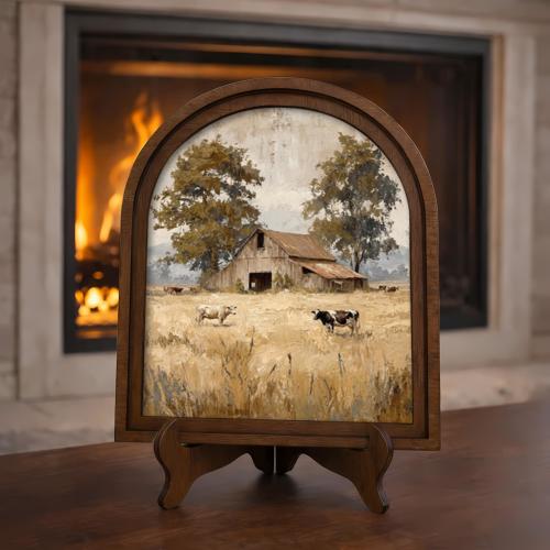 Rustic Barn Farmhouse Decor, Arch Frame Artwork, Farmhouse Landscape Wall Art, Country Wildflower Path Decor, Vintage Rustic Farm Wall Decor