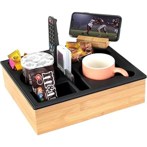 Couch Cup Holder Tray, Hitseon Silicone Bamboo Couch Caddy with Rotatable Phone Holder for Bed Car Seat Organizer, Waterproof Anti-Spill Couch Drink Holder for Snacks Beverage Remote (Black)