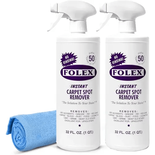 FOLEX Instant Carpet Spot Remover 32 oz – Powerful Stain Remover for Carpets, Upholstery & Rugs – Eliminates Pet Stains, Grease, Red Wine, Food, Makeup & More – With Reusable Cleaning Cloth – 2 Pack
