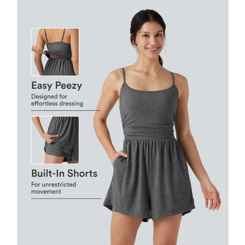 Women’s Built-in Bra Ruched 2-in-1 Heathered Casual Romper with Pockets-Easy Peezy Edition - Halara