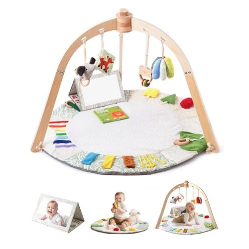 Samonyed Wooden Baby Play Gym Mat – Anti - Slip Tummy Time & Activity Mat, 5 Developmental Zones & 6 Sensory Toys for Motor Skills, Easy Install & Clean | Newborn Essentials Gift