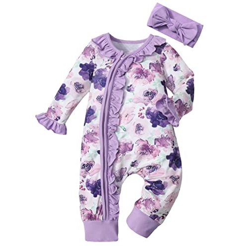 BAVADER Baby Girl Clothes Ruffle Floral Infant Newborn Baby Clothes For Girls Zip Baby Girl Romper Jumpsuit with Headband