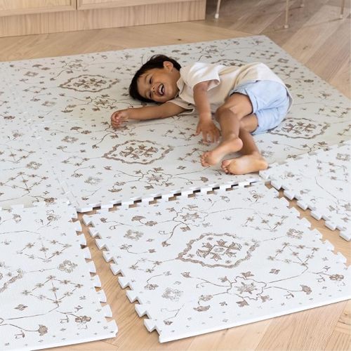 Baby Play Mat for Floor – 6x6ft Vintage Coffee | PFAS Free Non Toxic Premium EVA Foam Tiles for Tummy Time, Crawling & Playpen – No Loose Edges Interlocking Mat Babies & Toddlers (9 Tiles)
