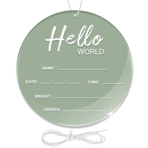 Baby Announcement Sign, 6.7 Inch Acrylic Hello World Newborn Sign Green | Thickness Welcome Baby Sign for Hospital, Birth Announcement Sign, Newborn Photography Props for Nursery Keepsakes & Sweet