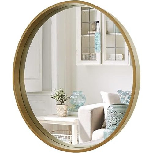 WallBeyond Round Mirror with Wood Frame, 28" Circle Modern Decoration Large Home Decor Mirror for Bathroom Living Room Bedroom Entryway (28" Diameter, Natural Wood)