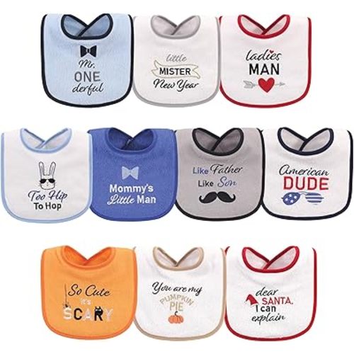 Hudson Baby Unisex Baby Cotton Terry Drooler Bibs with Fiber Filling, Holiday Boy Onederful, One Size