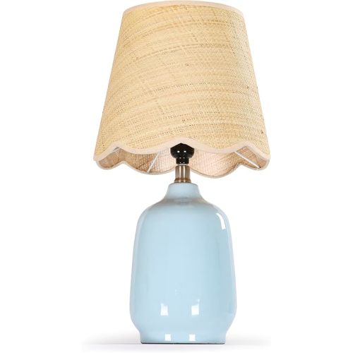 Pia Ricco 19" Modern Ceramic Table Lamp for Living Room Light Bule Base Desk Lamps for Bedroom Farmhouse Bedside Nightstand Lamp End Table Lamps,Bule,Rattan Shade