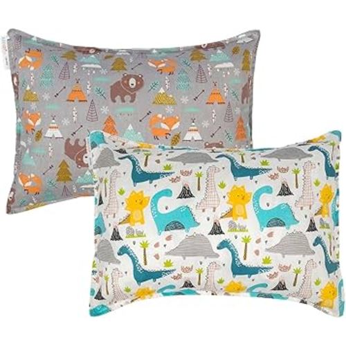 ALVABABY Toddler Pillowcases 2 Pack Organic Cotton Kids Pillow Cover Fit 13"x 18" or 12"x16" Envelope for Girl Boy Sleepy Travel Dinosaur Bear