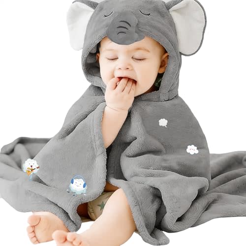 Hooded Bath Towel for Babies and Toddlers, 27.5" x 55"(Grey) | Absorbent Coral Fleece Animal Wrap with Snap Closure for Swimming, Beach and Daily Care, Ages 0-6