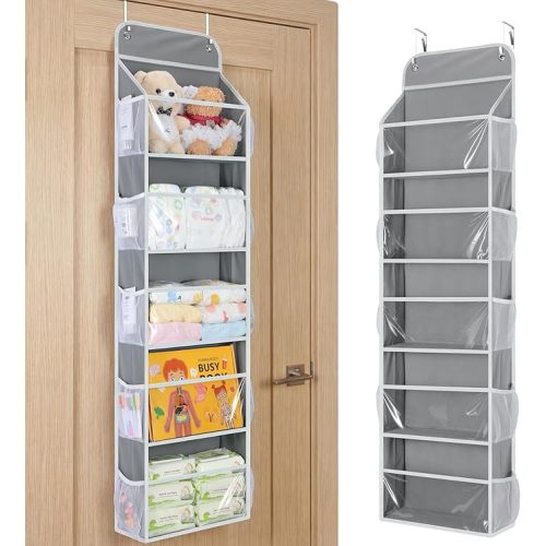 Yecaye 5-Tier Over the Door Organizer Hanging, Toy Stuffed Animal Storage, Behind the Door Storage with 5 Clear View Windows & 10 Side Pockets, Over the Door Storage for Bathroom Closet Nursery, Grey