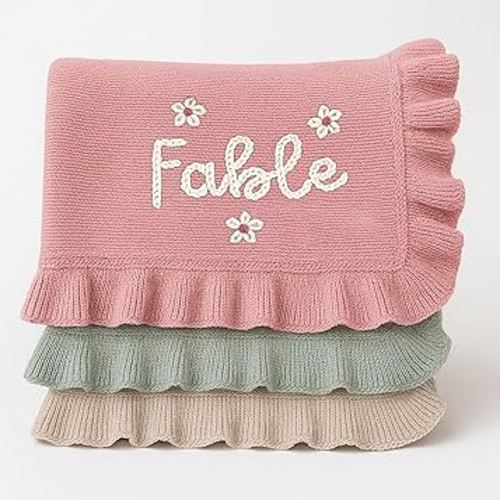 Nonnie Personalized Baby Blanket with Name, Custom Baby Blanket with Hand-Embroidered Name Monogrammed, Knitted Ruffled Lace Blankets, 30x40 inch, Gift for Newborn Boys Girls Birthday Christmas