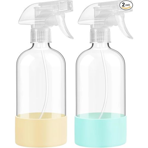 Glass Spray Bottles with Silicone Sleeve Protection, 16 oz 2 Pack, Reusable Spray Bottles with Adjustable Nozzle for Hair, Cleaning Solutions, Plants, Pale Yellow&Mint Green