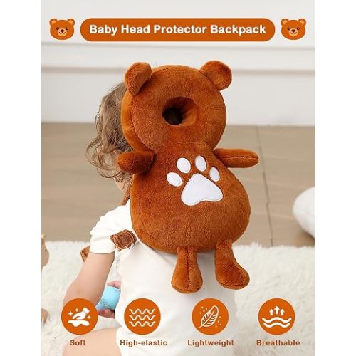 JunNeng Baby Head Protector Backpack, Toddler Fall Head Protection Cushion, Brown Bear