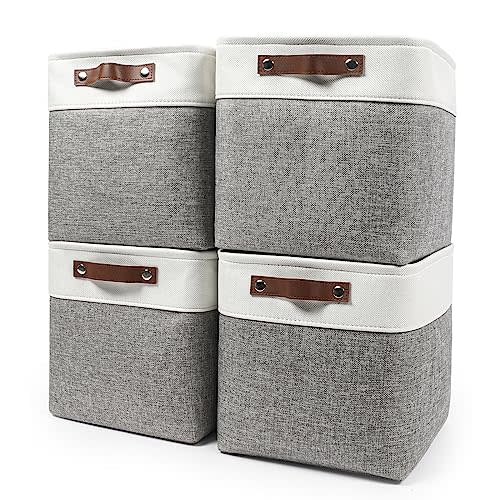 Bagnizer Collapsible Fabric Storage Cubes 11x11 Cube Storage Bins, 4 Pack Closet Baskets Box with Handles for Organizing, Shelf, Toys, Clothes, Home, Office, Nursery (Grey&White)