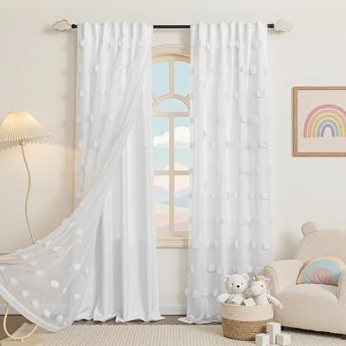 MYSKY HOME White Curtains for Living Room 84 Inches Long Double Layer Nursery Curtain for Kids Bedroom White Pom Pom Sheer Back Tab Light Filtering Privacy Protect Window Drapes 2 Sets, 52 x 84 in