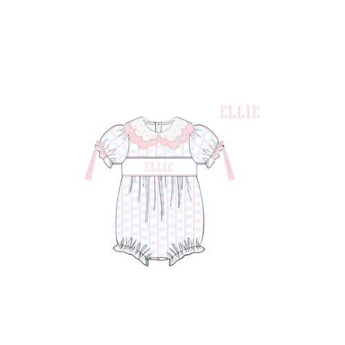 Pre-Order Hand Smocked Custom Name Sweet Scalloped Bow Bubble