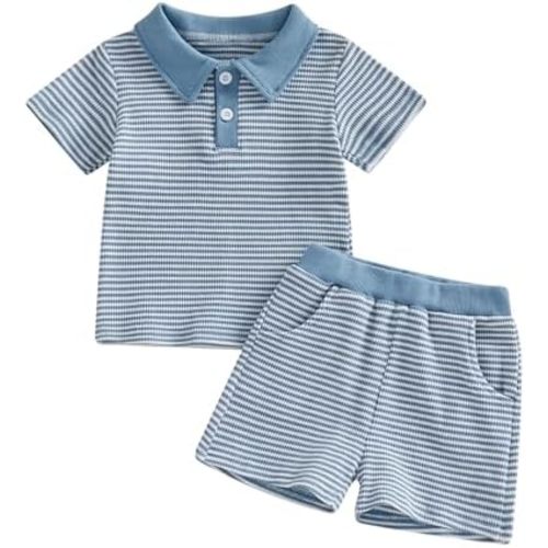 VISGOGO Baby Boy Summer Outfit Striped Short Sleeve T-shirt Toddler Boy Summer Clothes 6 12 18 Months 2 3 4 5 6 T Short Set