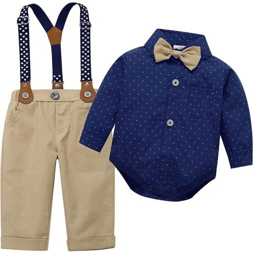 Baby Toddler Boy Formal Gentleman Suits,Dress Short Shirt With Bowtie+Suspender Pants Dressy Outfit