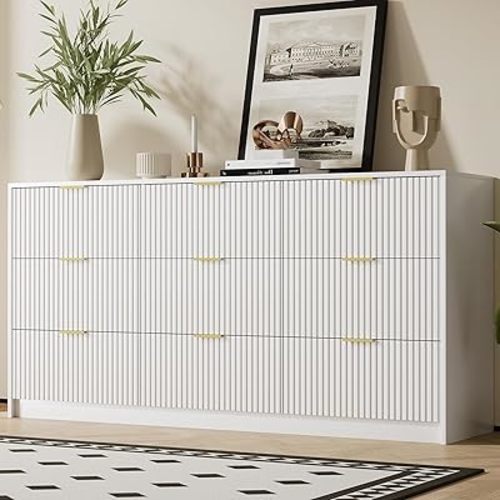 White Dresser for Bedroom, Modern 9 Drawer Dresser with Smooth Slides and Gold Handles, Wide Bedroom Chest for Living Room, Closet, 63" W x 15.7" D x 31.5" H