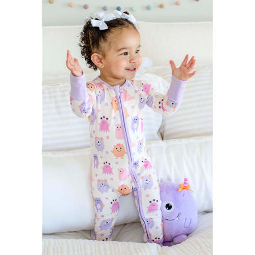 Bamboo Convertible Zipper Romper in Mini Monsters Pink | Caden Lane