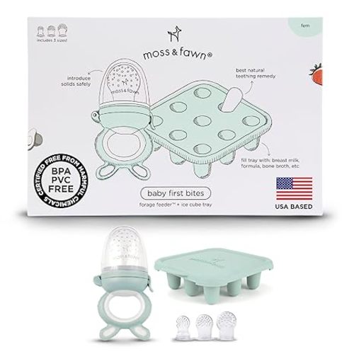 Moss and Fawn Baby's First Bites Bundle - Teething Pacifier Kit - Fern | Silicone Frozen Breast Milk Kit with Forage Feeder & Popsicle Ice Cube Tray, BPA, PVC, & Lead-Free