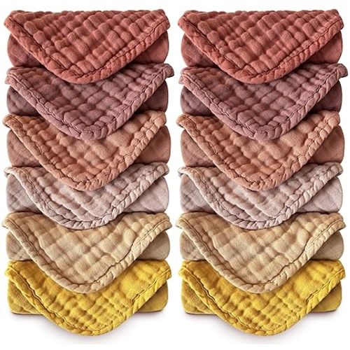 MOON PARK Baby Washcloths, 12 Pack - 12x12 Inches, Small Burp Cloths and Baby Wipes - 100% Cotton Muslin Ultra Soft for Newborn, Infant and Toddlers - Brown, Honey and Bean Paste Series
