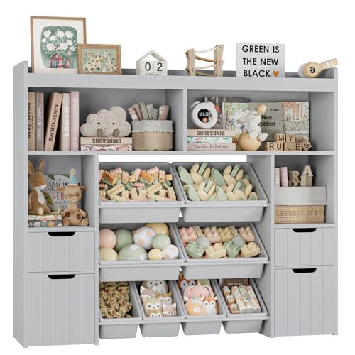 HORSTORS 55" W Toy Storage Organizer with Drawers, Large Kids Toy Storage Box with Removable Bins, Tall Kids Bookshelf and Bookcase for Boys and Girls, Modern Toy Chest for Playroom, Classroom, Grey