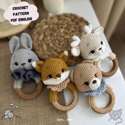 4 in 1 Rattles Fox, Deer, Bear, Rabbit Crochet Pattern Toy (PDF Pattern English)