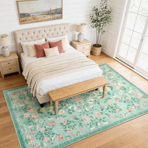 Foldable Washable Printed Area Rug,Modern Pearl Velvet Floor Runner with Double Border Design,Green,5x7ft