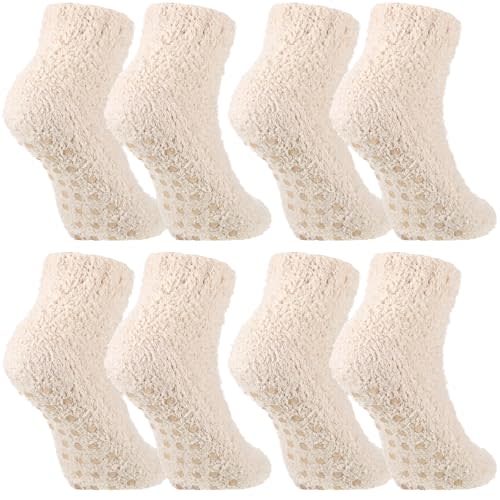 Foaincore 4 Pack Non Slip Hospital Socks for Women Men Non Slip Ankle Fuzzy Socks Thick Warm Festival Gifts