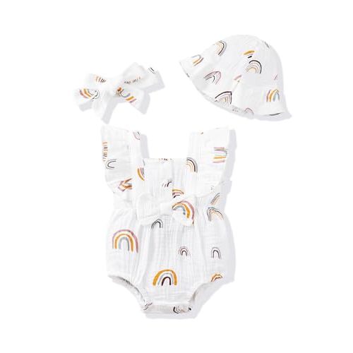 Renotemy Baby Girl Clothes Summer Newborn Girls Outfits Preemie-18Months | Preemie Essentials,Coming Home Matching Outfit,Infant Baby Girl Romper,Cute Birthday Gift,Soft Bubble Breathable Linen