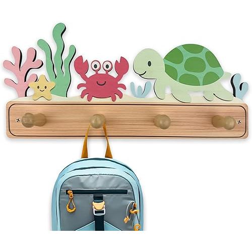 Wooden Hanging Ocean Starfish Animal Hat Towel Hook 13.7 Inches Cute Decorative Jacket Kids Room Coat Wall Hooks for Backpack Rack Wall Mount