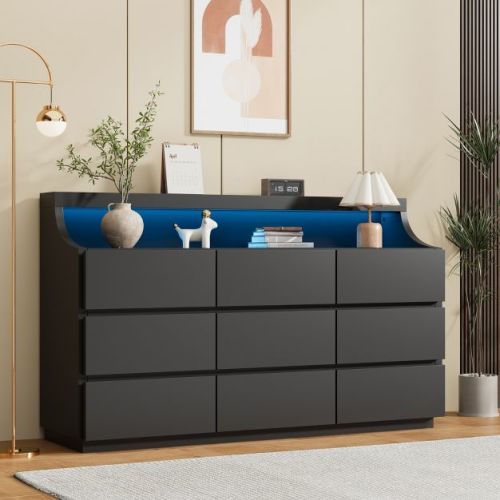 9 Drawer Dresser for Bedroom, 59" Wooden Dresser with LED Lights, Modern Dressers & Chests of Drawers for Living Room Hallway Bedroom