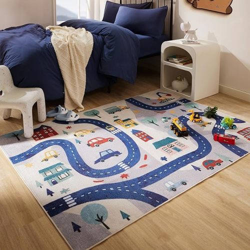 SLEEP ZONE Kids Rugs for Playroom, Area Rugs for Bedroom Girls and Boys, Washable Nursery Rug Carpet, Non Slip Rug Play Mat for Playing with Cars, City View, 4X6 Feet