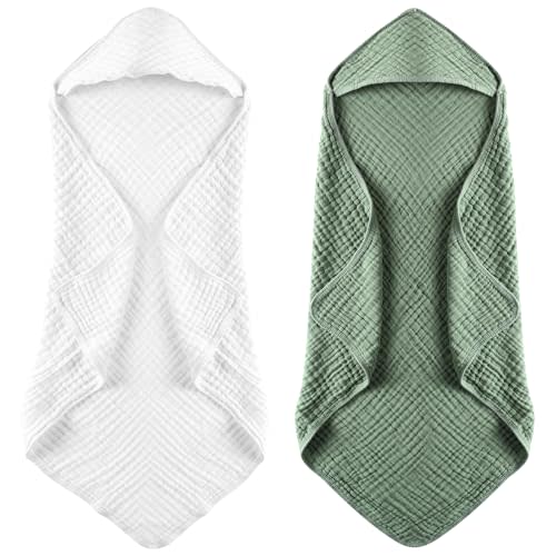 MUKIN Baby Hooded Towels, Muslin Cotton, 2-Pack, for Newborn, Infant, Toddler and Kids (White,Dark Green)